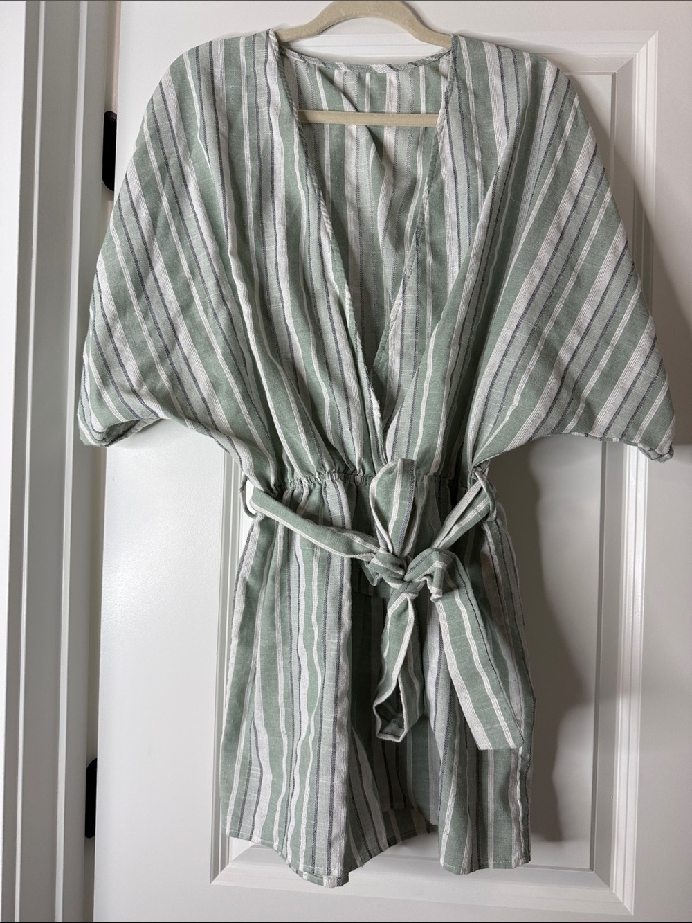 Cupshe Sage Green and White Striped Wrap Romper
